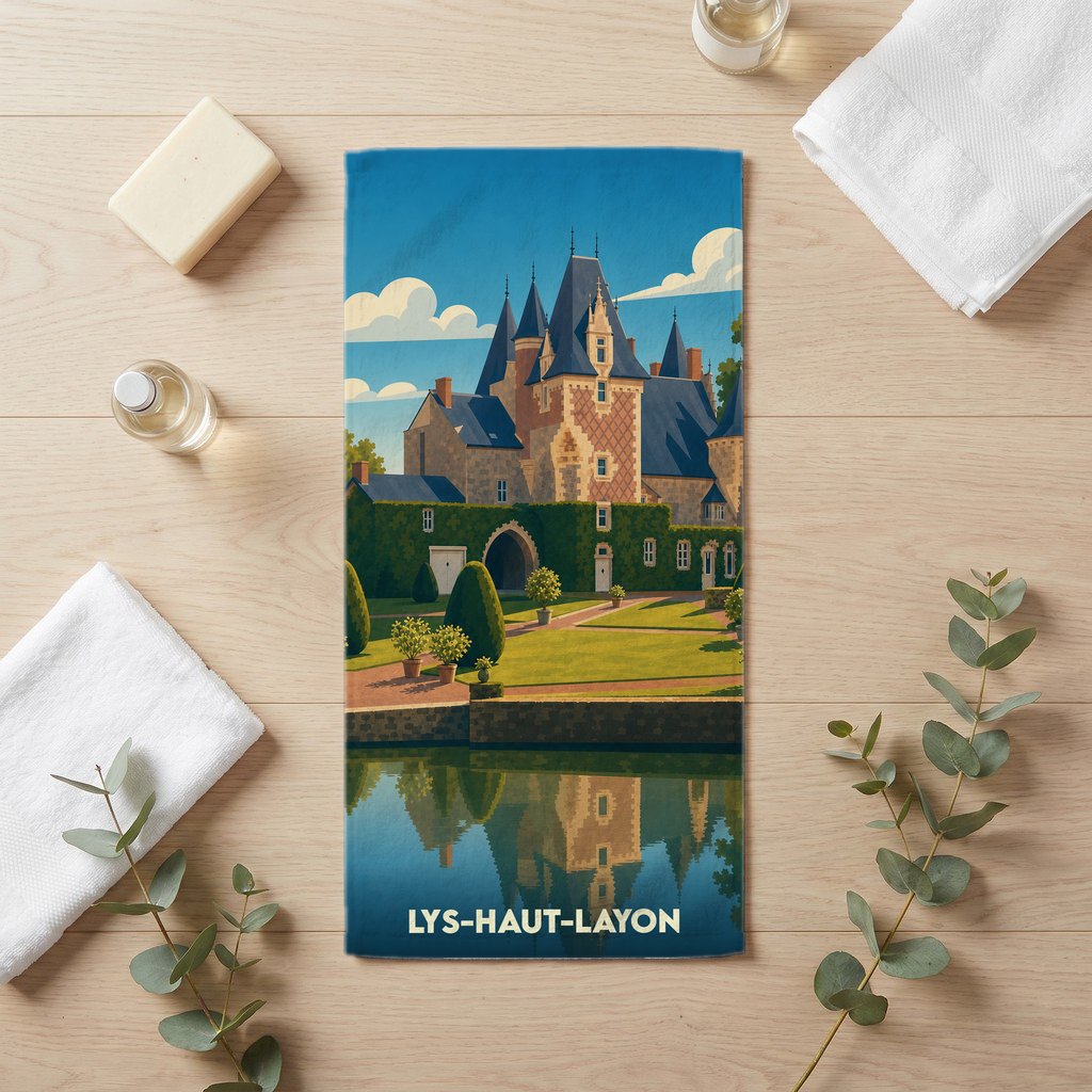Serviette de bain souvenir de Lys-Haut-Layon illustrée d'un château se reflétant dans l'eau.
