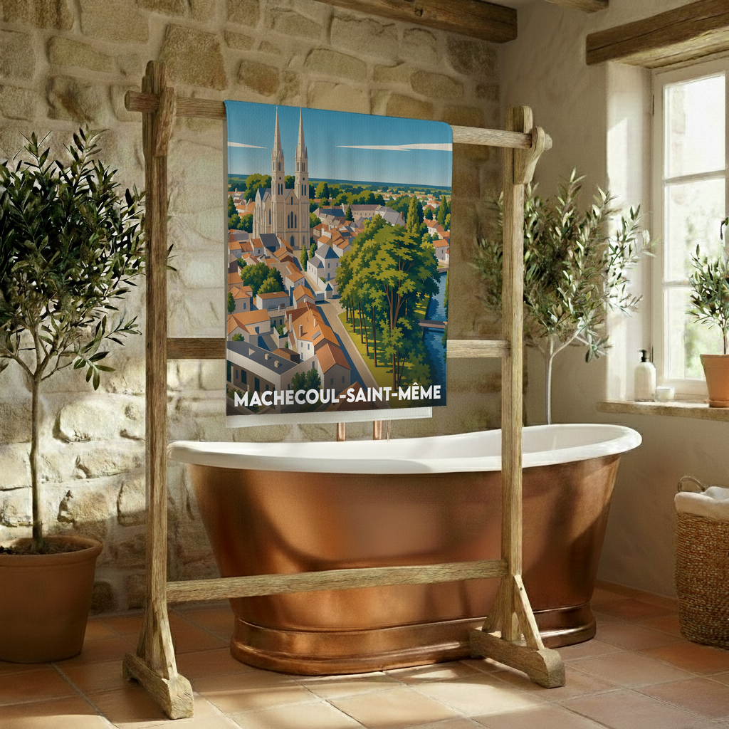 Serviette de bain souvenir de Machecoul-Saint-Même illustrée d'une vue stylisée de la ville et de son église.