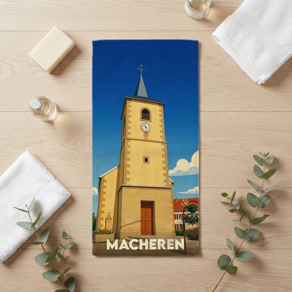 Serviette de bain souvenir de la ville de Macheren avec une illustration stylisée de son église.