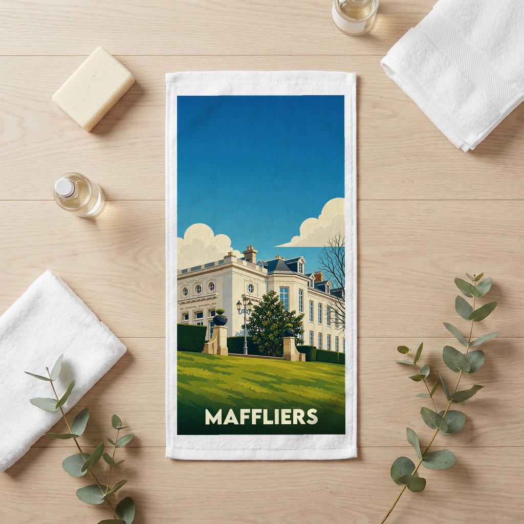 Serviette de bain souvenir de la ville de Maffliers avec une illustration stylisée d'un château.