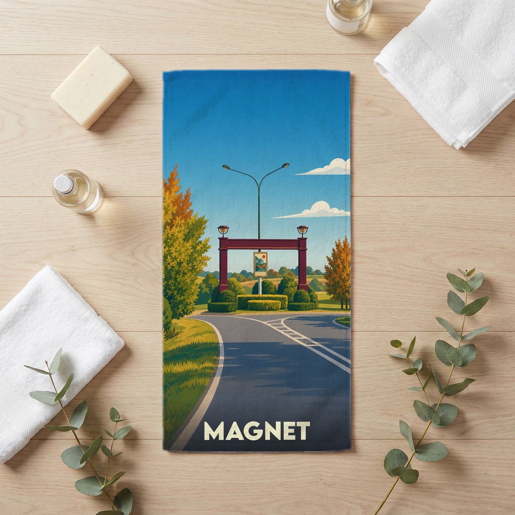 Serviette de bain souvenir de la ville de Magnet avec une illustration stylisée.