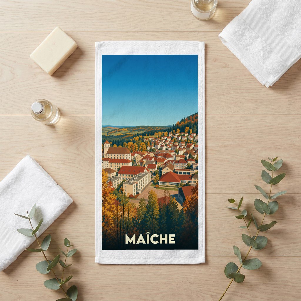 Serviette de bain souvenir de la ville de Maîche avec une illustration de paysage automnal stylisé.