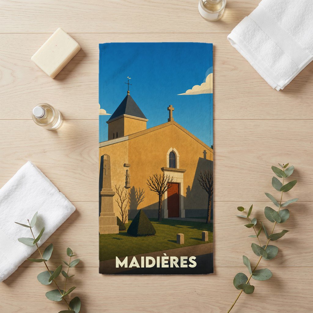 Serviette de bain souvenir de la ville de Maidières illustrée d'un graphisme épuré représentant son église.