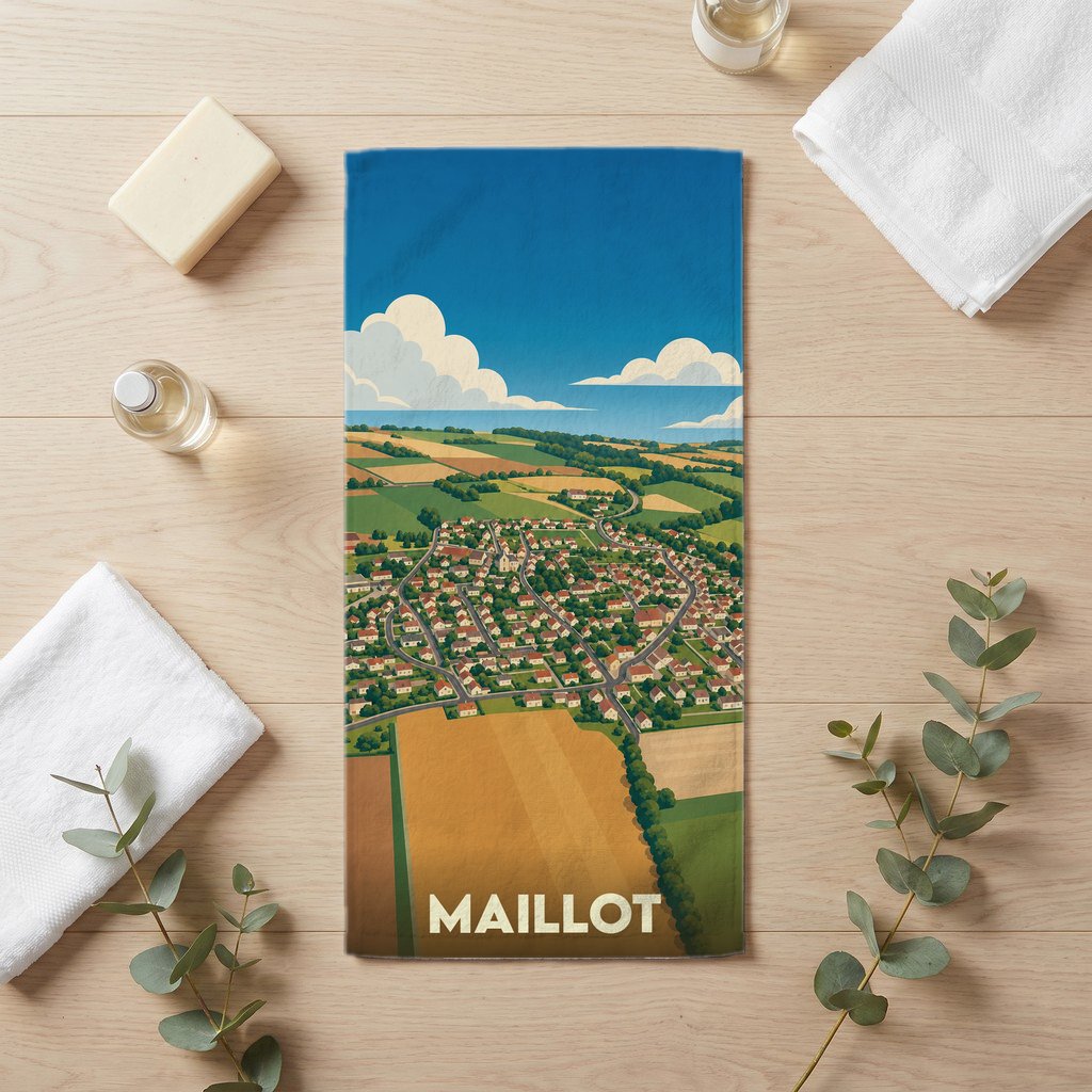 Serviette de bain souvenir de la ville de Maillot avec une illustration stylisée de son paysage rural.