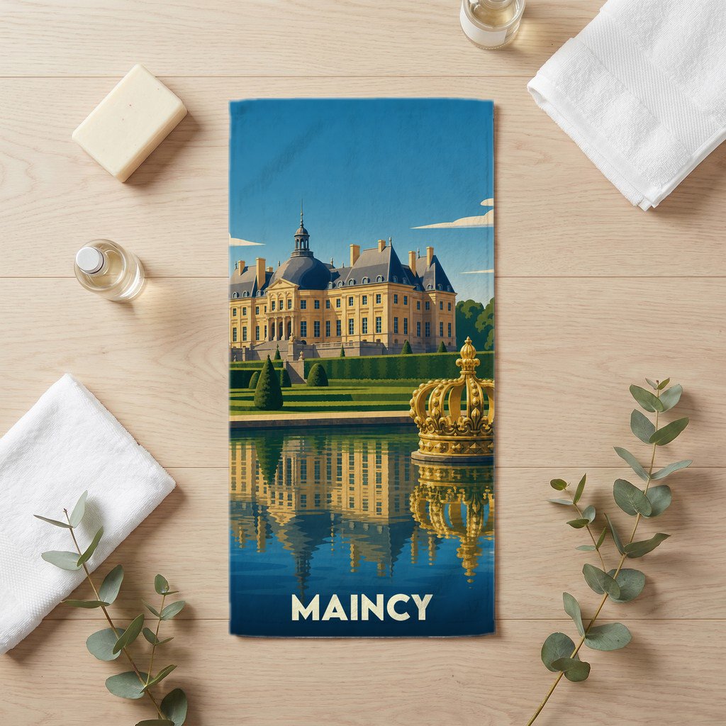 Serviette de bain souvenir de la ville de Maincy illustrée d'un château se reflétant dans l'eau.