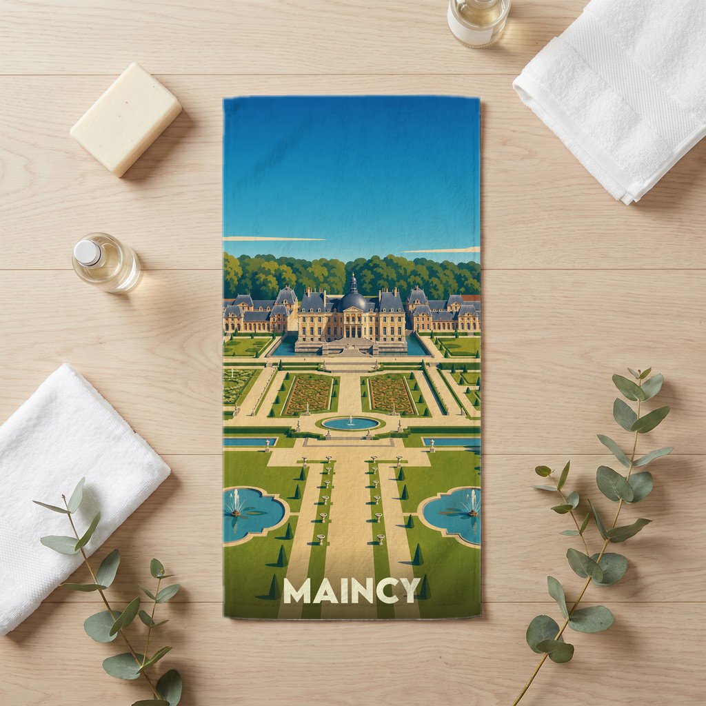 Serviette de bain souvenir de la ville de Maincy avec une illustration stylisée de son château et de ses jardins.