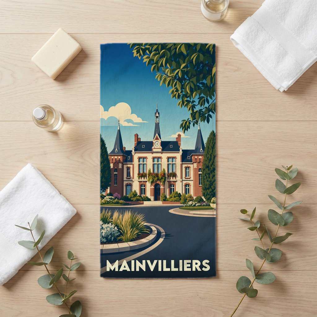 Serviette de bain souvenir de la ville de Mainvilliers avec une illustration stylisée de l'hôtel de ville.