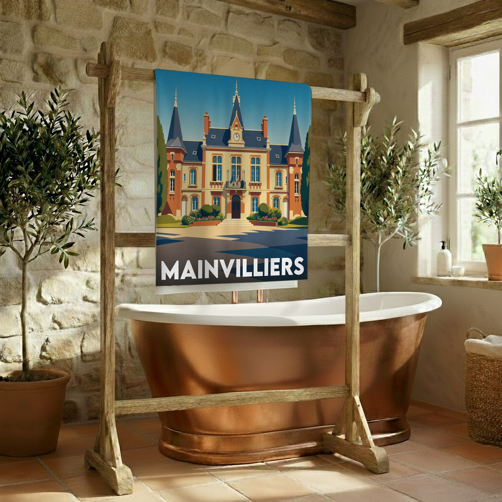 Serviette de bain souvenir de la ville de Mainvilliers avec une illustration stylisée de son hôtel de ville.