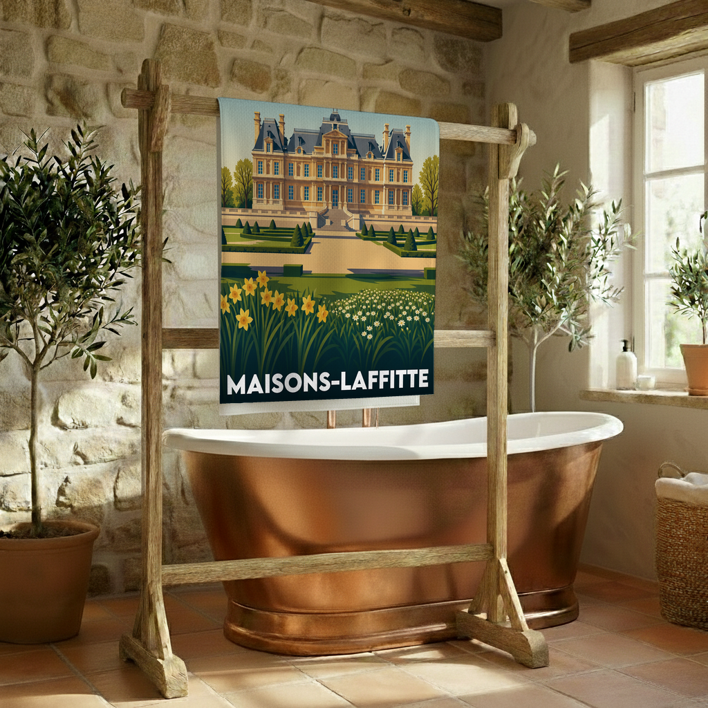 Serviette de bain souvenir de la ville de Maisons-Laffitte avec une illustration stylisée.