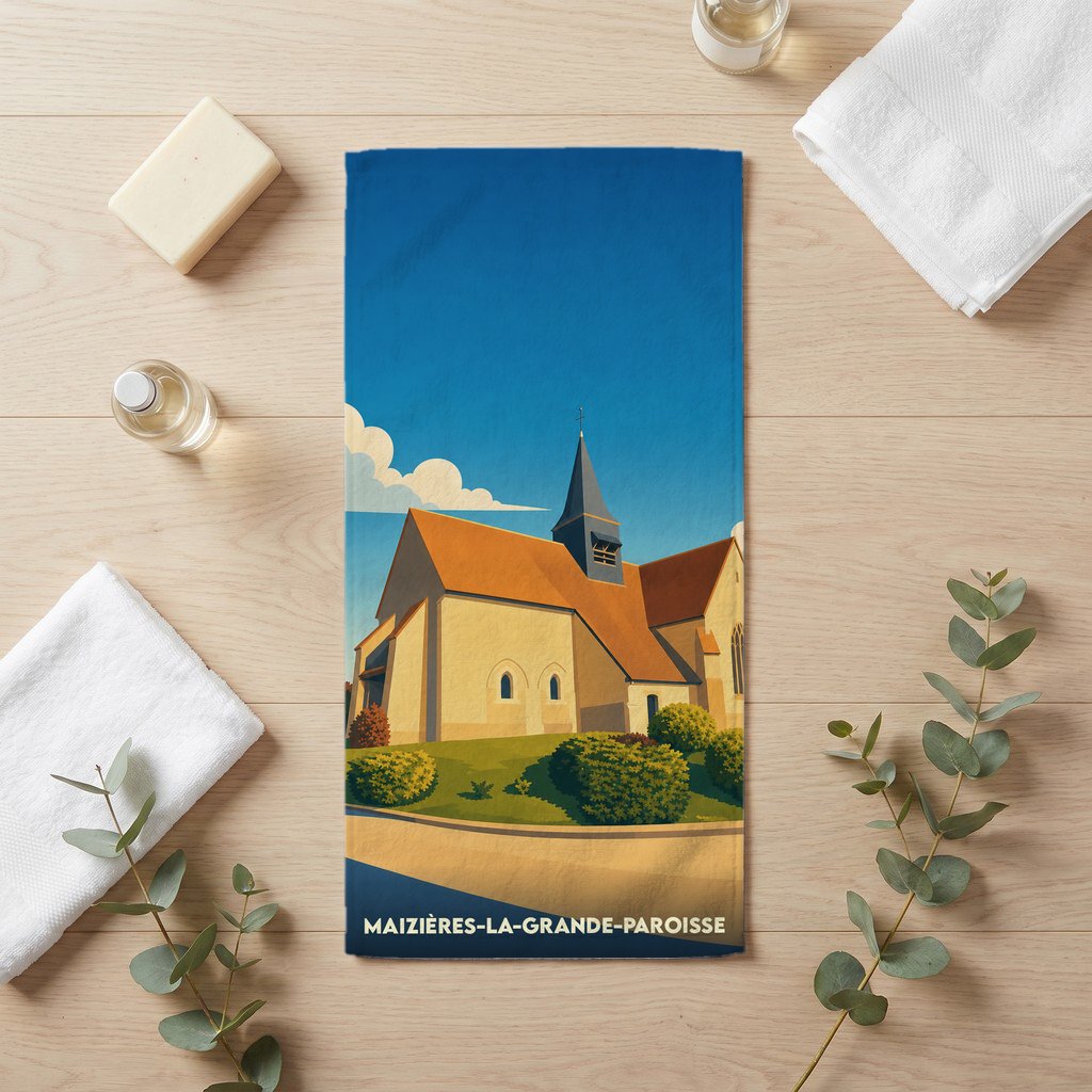 Serviette de bain souvenir de la ville de Maizières-la-Grande-Paroisse avec une illustration stylisée de son église.