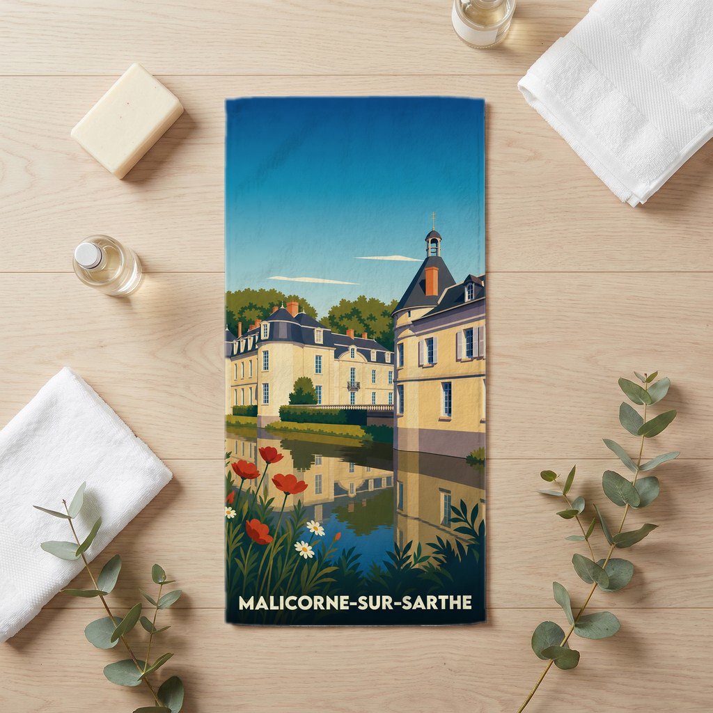 Serviette de bain souvenir de Malicorne-sur-Sarthe avec une illustration stylisée de son château se reflétant dans l'eau.