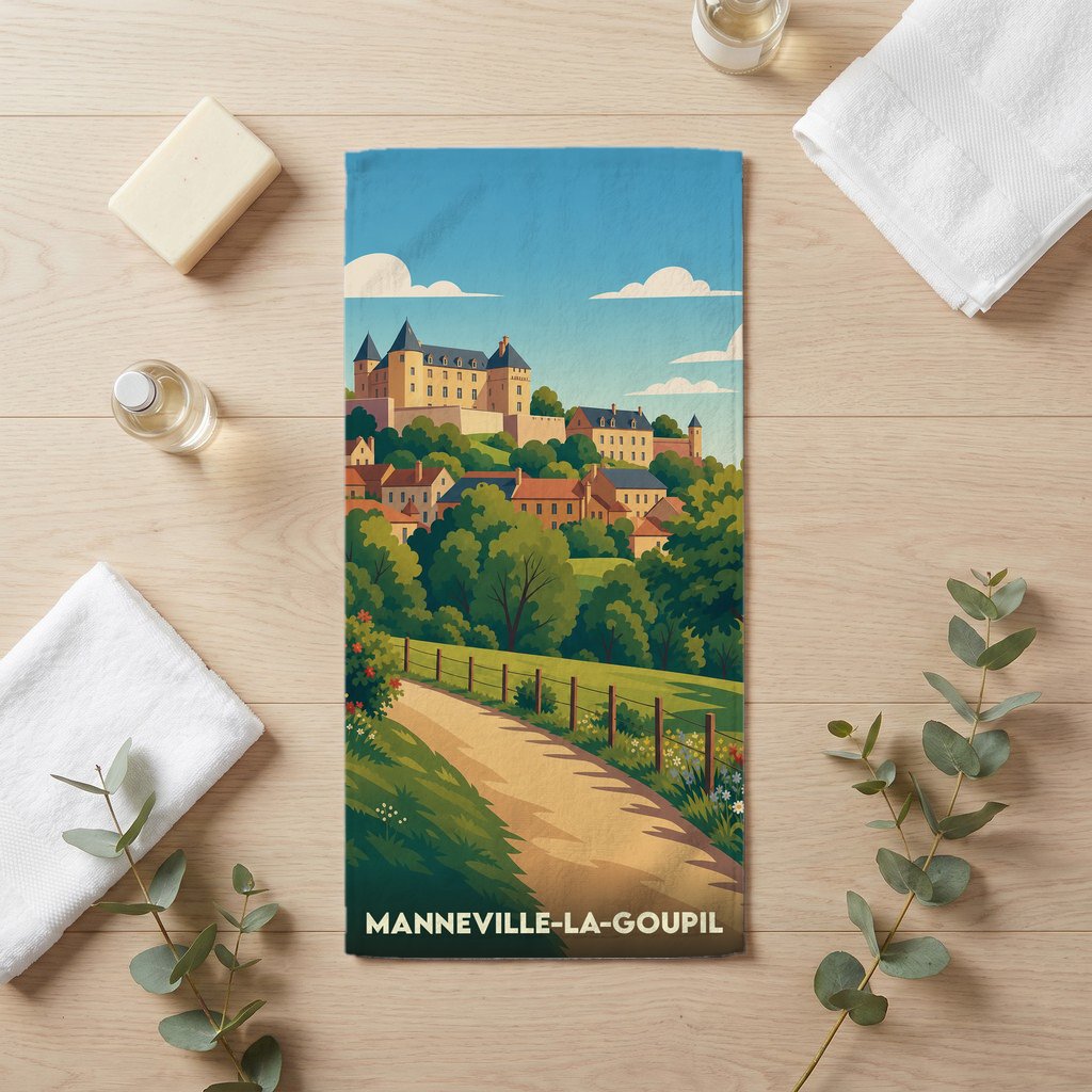 Serviette de bain souvenir de la ville de Manneville-la-Goupil avec une illustration stylisée d'un paysage normand.