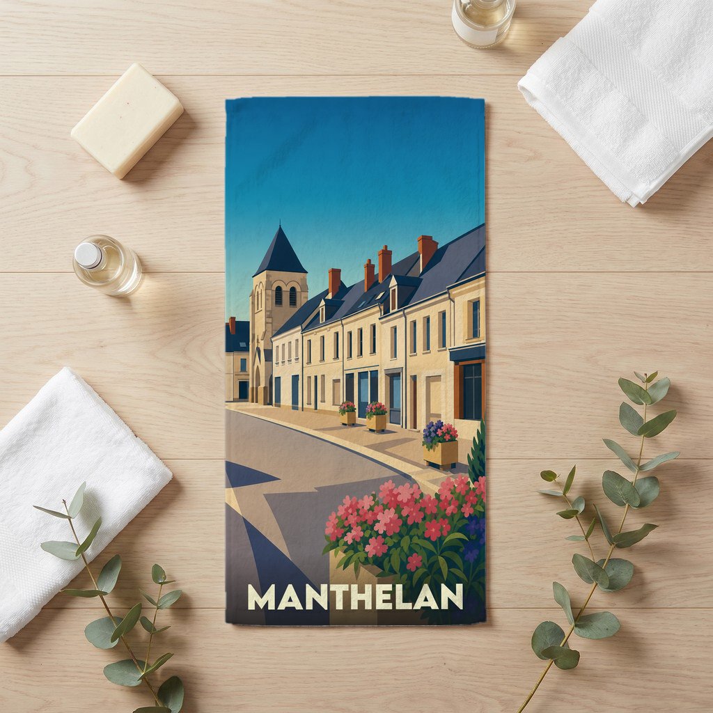 Serviette de bain souvenir de la ville de Manthelan avec une illustration stylisée.