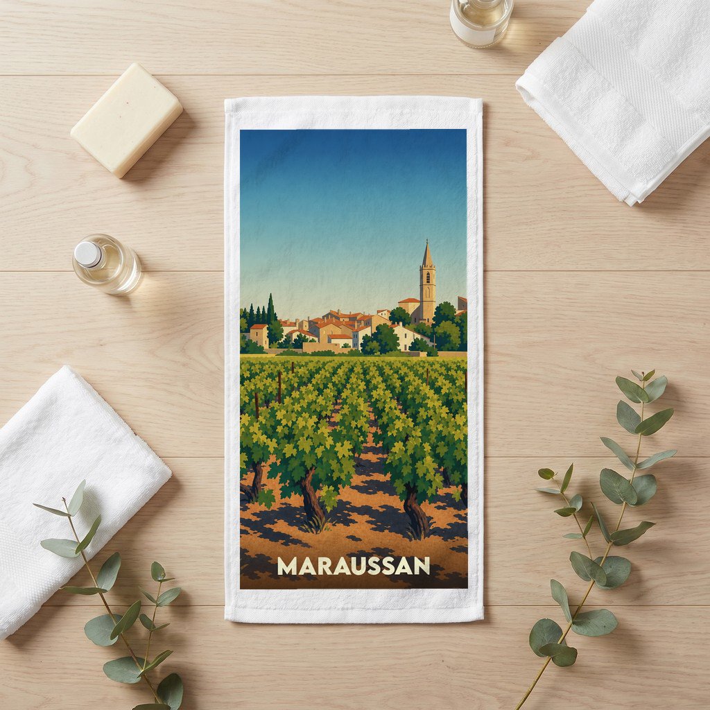 Serviette de bain souvenir de la ville de Maraussan avec une illustration stylisée d'un vignoble.