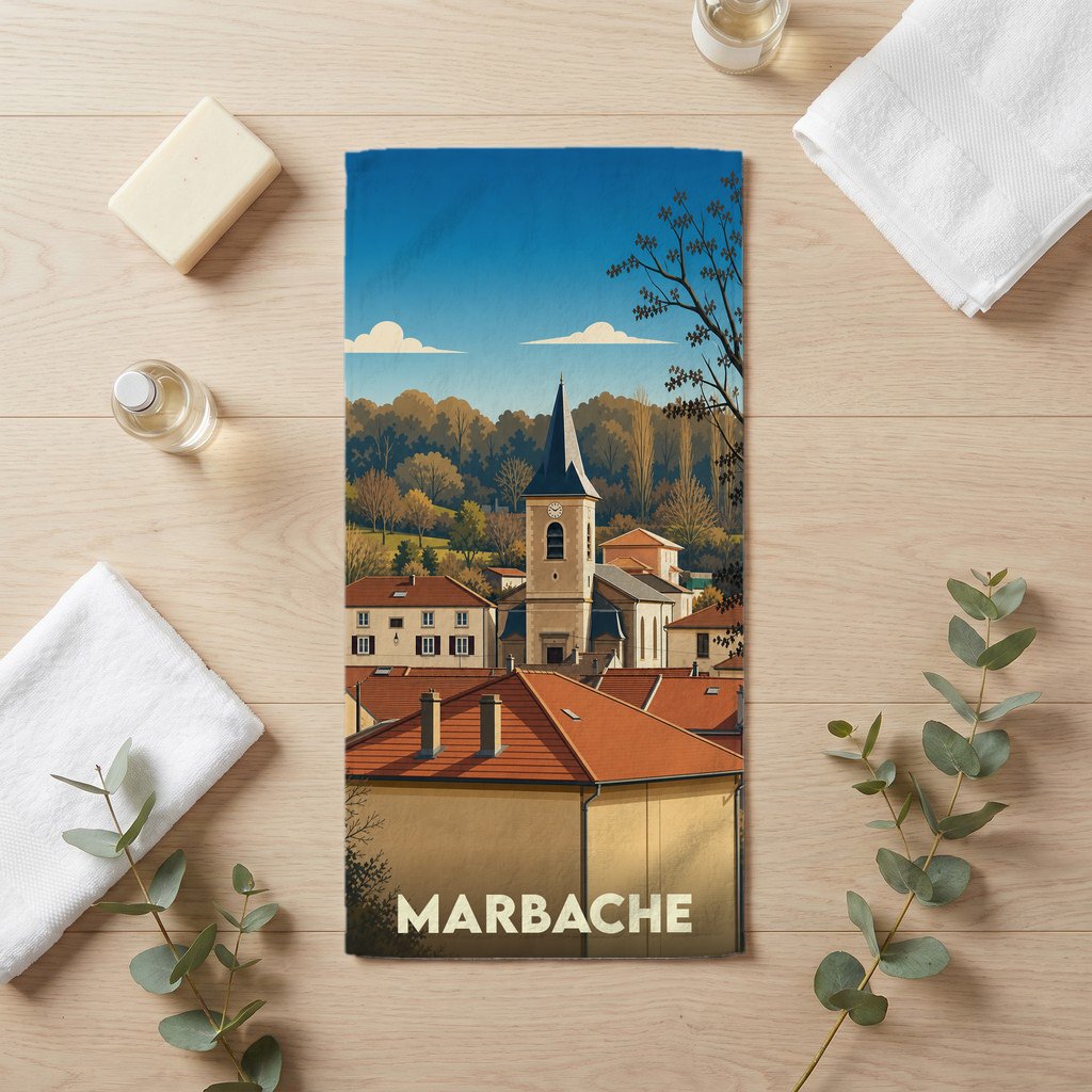 Serviette de bain souvenir de la ville de Marbache avec une illustration stylisée.