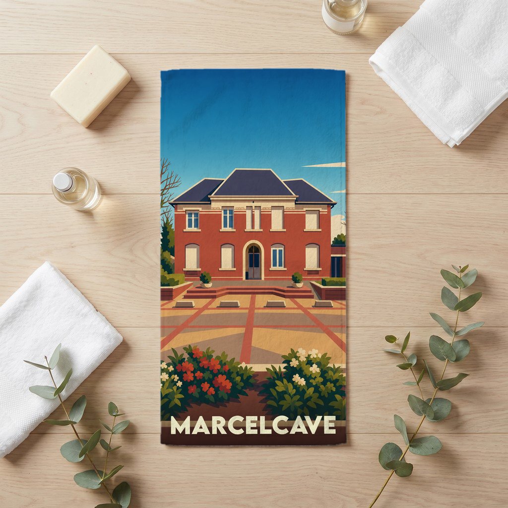 Serviette de bain souvenir de la ville de Marcelcave avec une illustration stylisée.