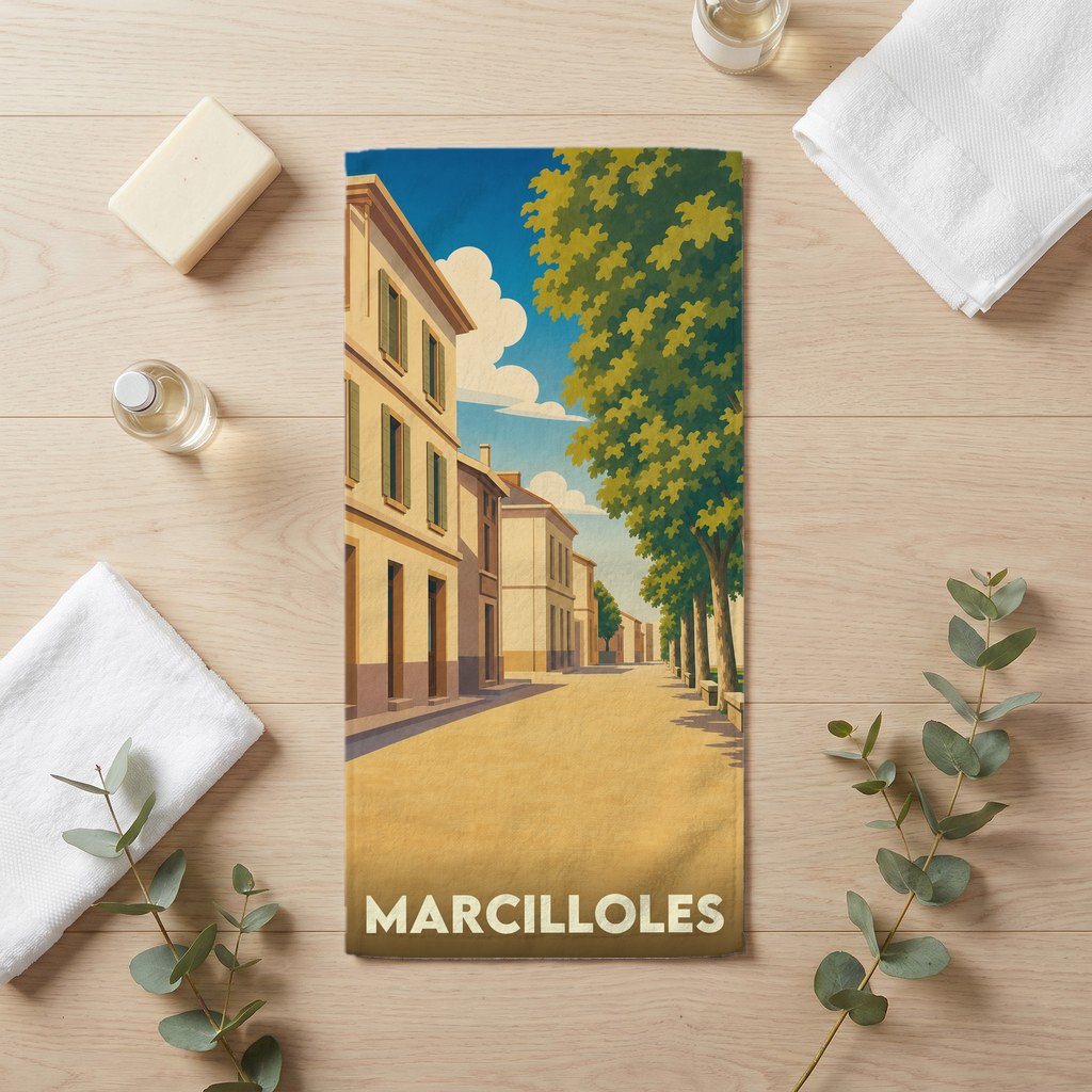 Serviette de bain souvenir de la ville de Marcilloles avec une illustration stylisée d'une rue ensoleillée.