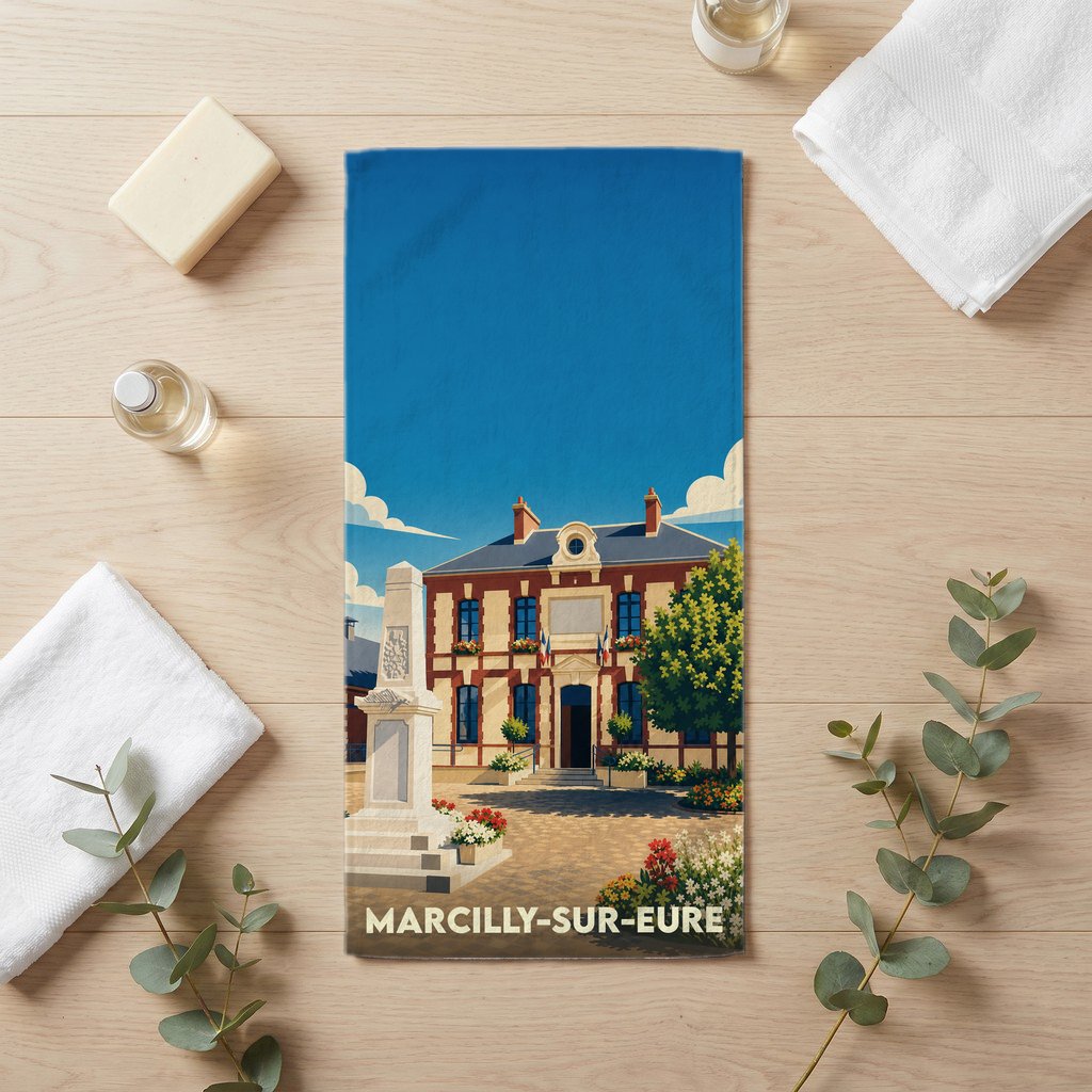 Serviette de bain souvenir de Marcilly-sur-Eure avec une illustration stylisée de la mairie.