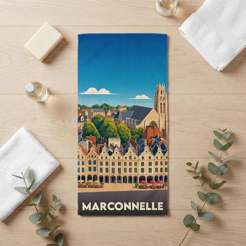 Serviette de bain souvenir de la ville de Marconnelle avec une illustration stylisée.