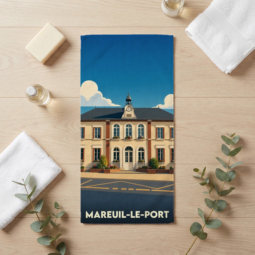 Serviette de bain souvenir de la ville de Mareuil-le-Port avec une illustration stylisée de sa mairie.