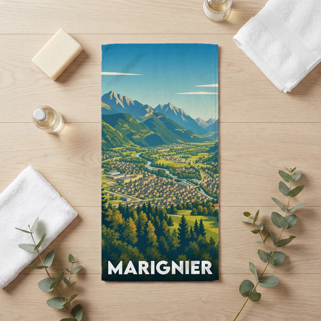 Serviette de bain souvenir de la ville de Marignier avec une illustration stylisée de montagne.