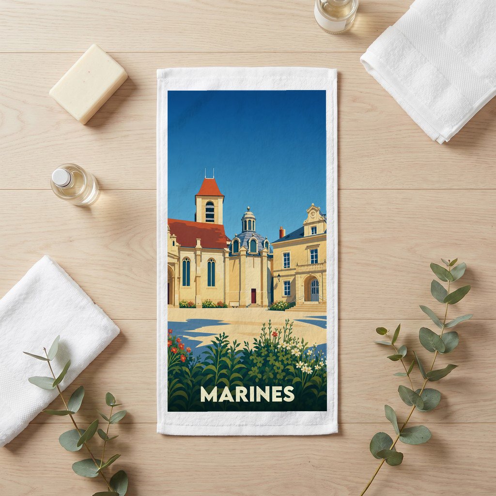 Serviette de bain souvenir de la ville de Marines avec une illustration stylisée de son architecture.
