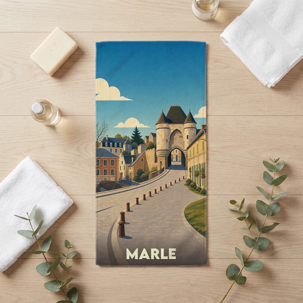 Serviette de bain souvenir de la ville de Marle avec une illustration stylisée d'une porte historique médiévale.