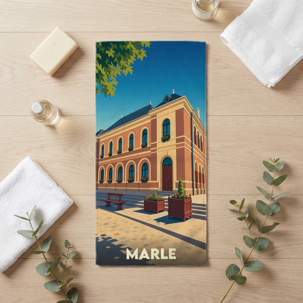 Serviette de bain souvenir de la ville de Marle avec une illustration stylisée de son architecture.