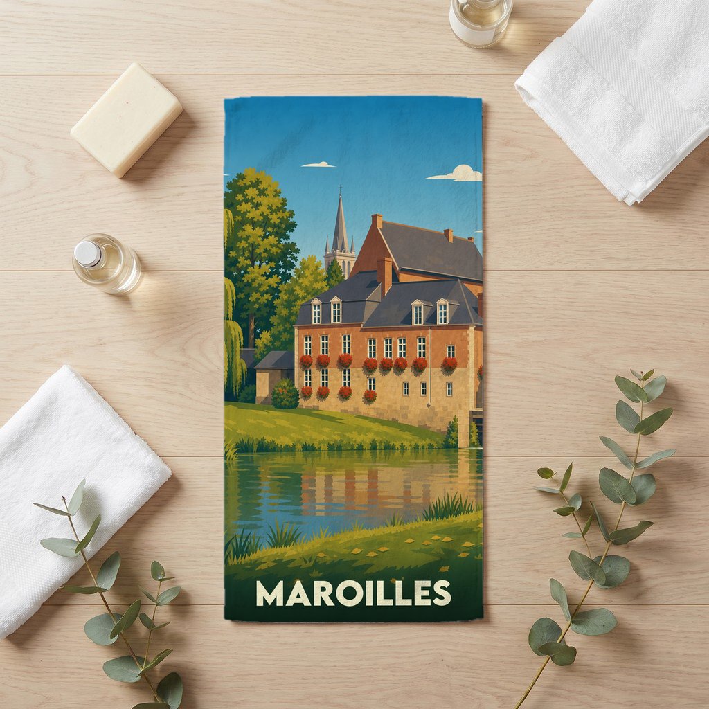Serviette de bain souvenir de la ville de Maroilles avec une illustration stylisée d'un moulin au bord de l'eau.
