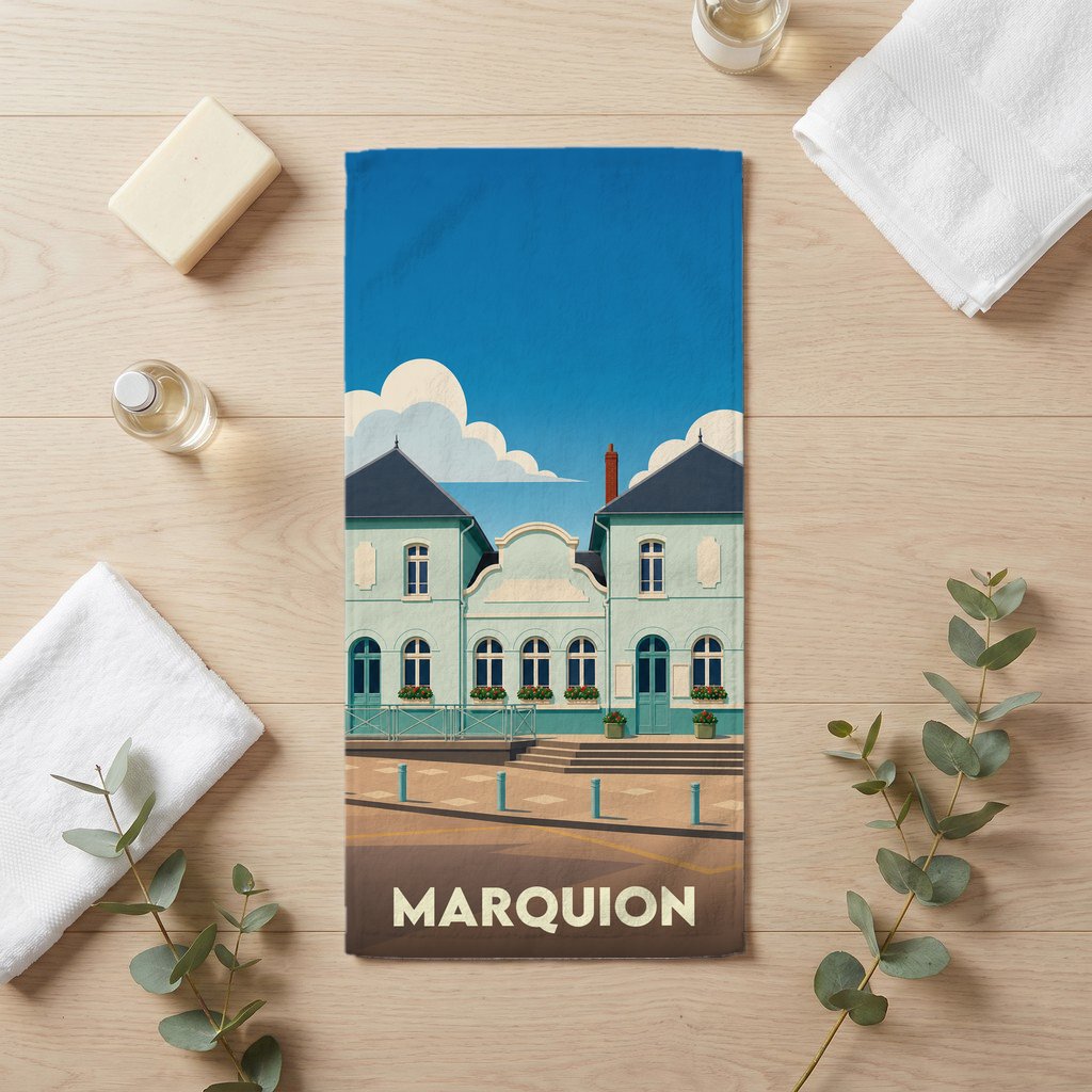 Serviette de bain souvenir de la ville de Marquion avec une illustration stylisée de son architecture.