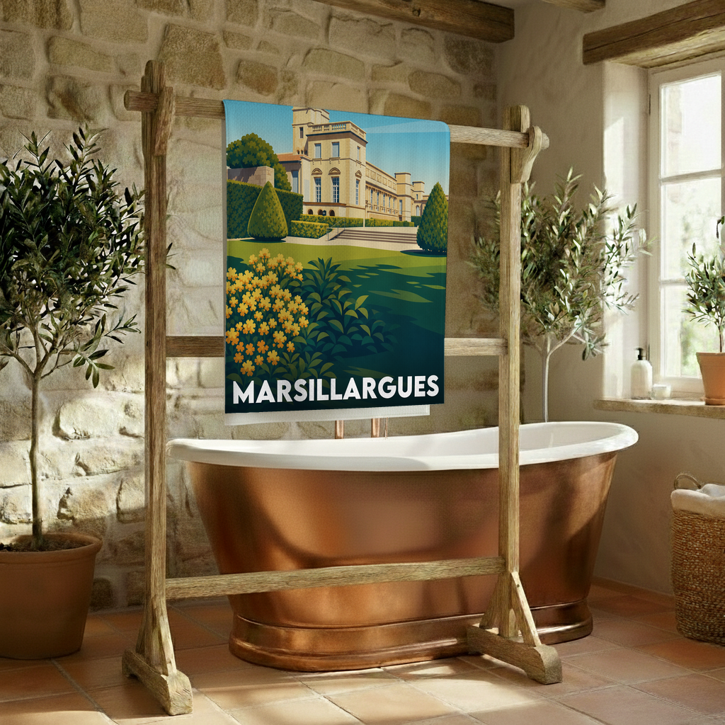 Serviette de bain souvenir de la ville de Marsillargues avec une illustration stylisée du château.