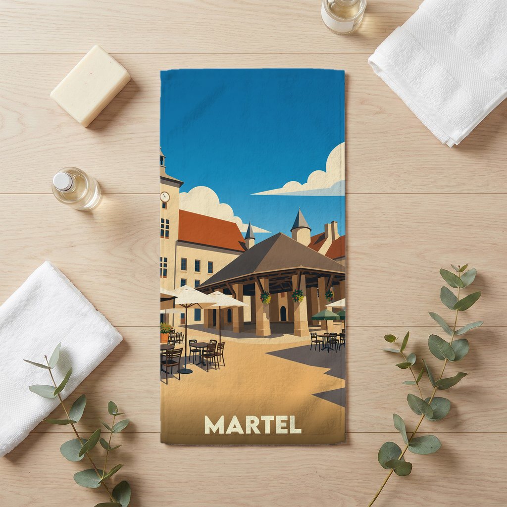 Serviette de bain souvenir de la ville de Martel avec une illustration stylisée de sa place de marché.