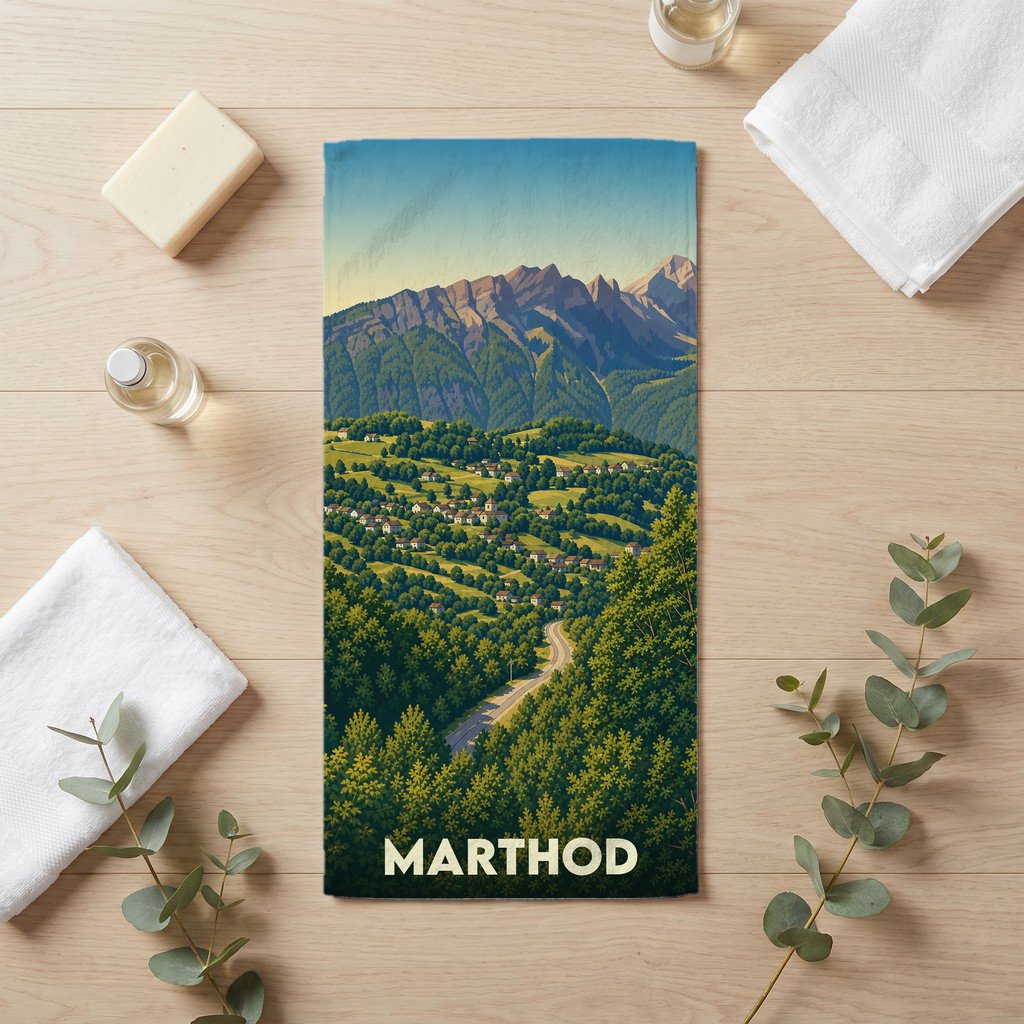 Serviette de bain souvenir de la ville de Marthod avec une illustration stylisée de paysages montagneux.