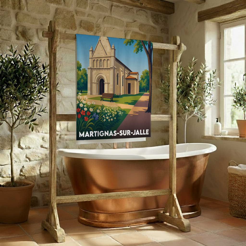 Serviette de bain souvenir de la ville de Martignas-sur-Jalle avec une illustration stylisée de son église.