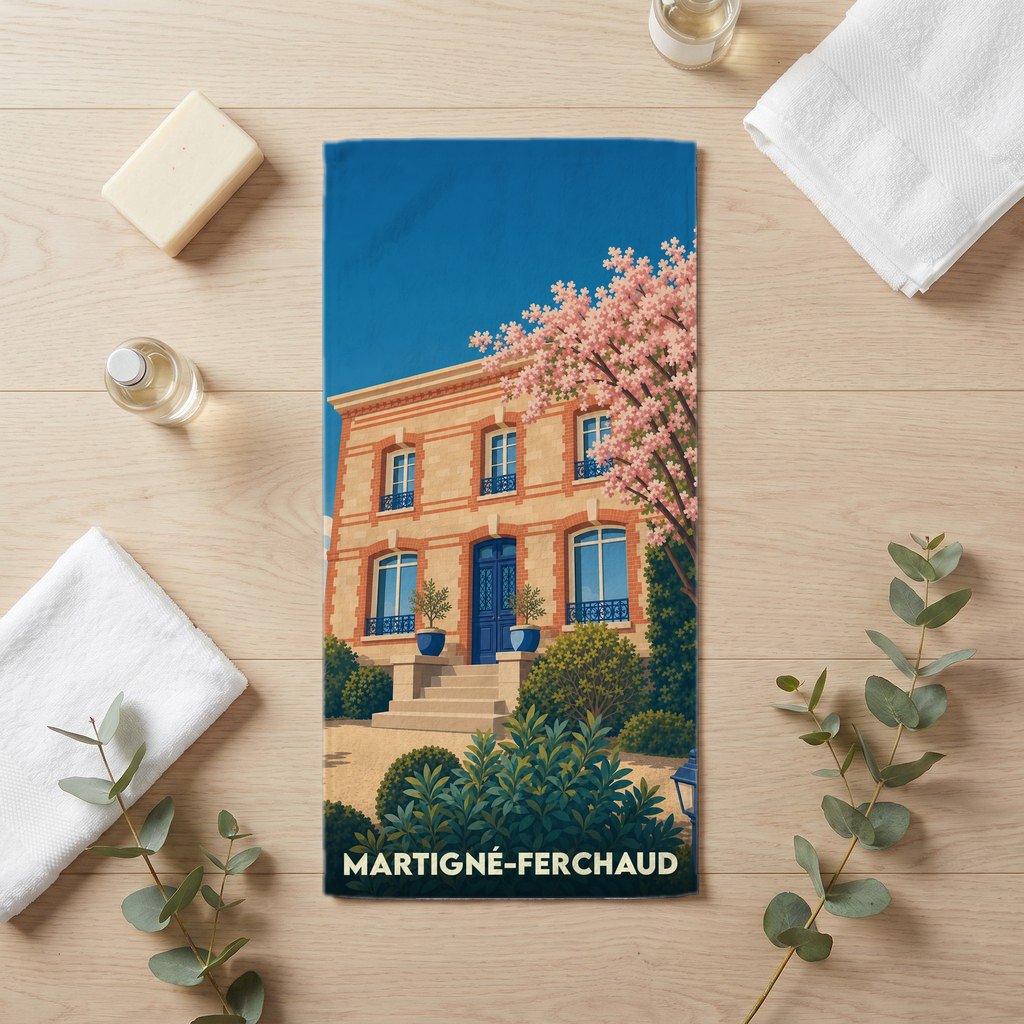 Serviette de bain souvenir de Martigné-Ferchaud avec une illustration stylisée d'une maison bourgeoise et de fleurs de printemps.