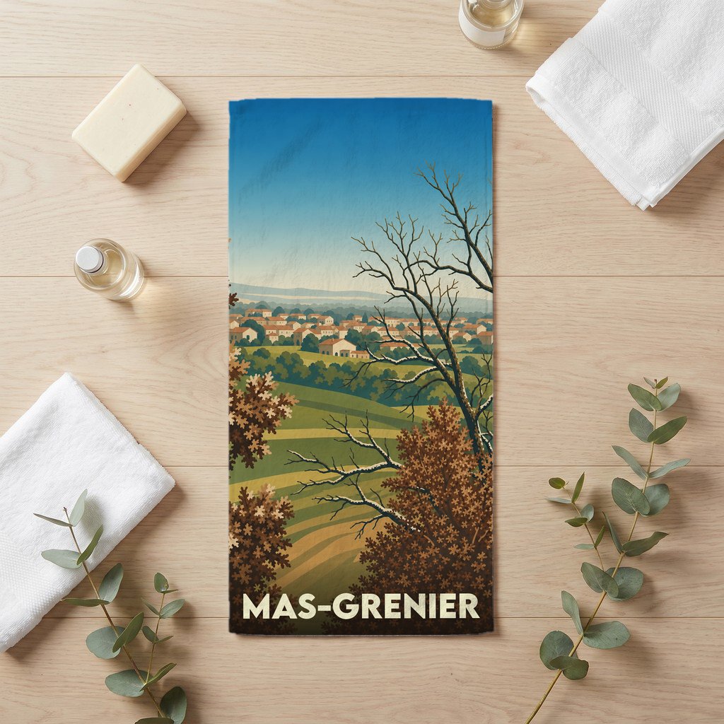 Serviette de bain souvenir de la ville de Mas-Grenier avec une illustration de paysage champêtre.