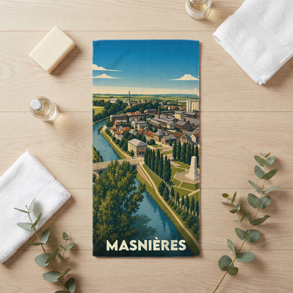 Serviette de bain souvenir de la ville de Masnières avec une illustration stylisée.