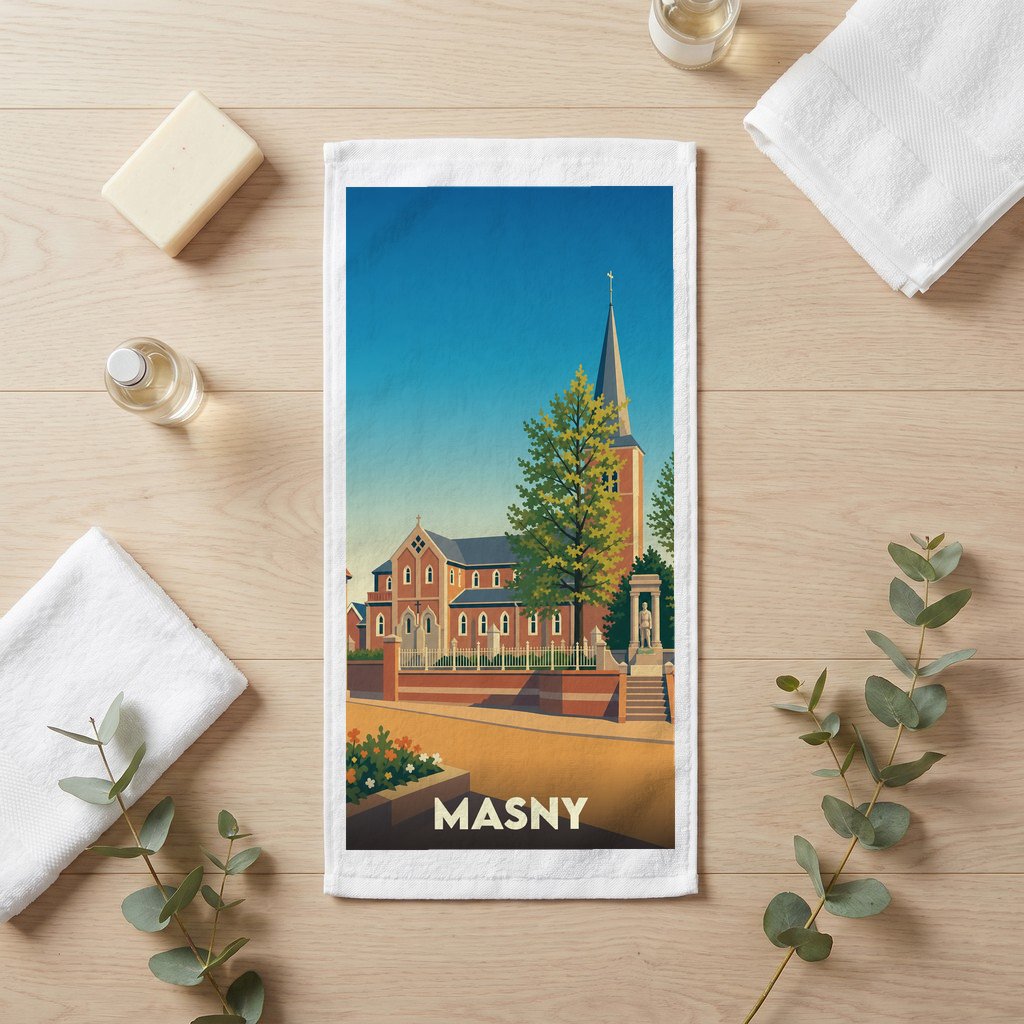 Serviette de bain souvenir de la ville de Masny avec une illustration stylisée de son église.