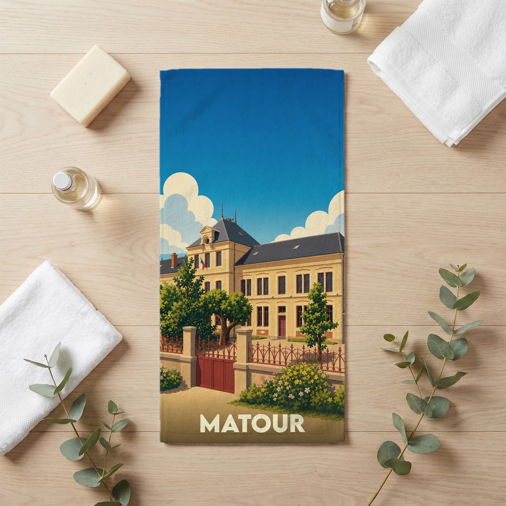 Serviette de bain souvenir de la ville de Matour avec une illustration stylisée de son architecture.