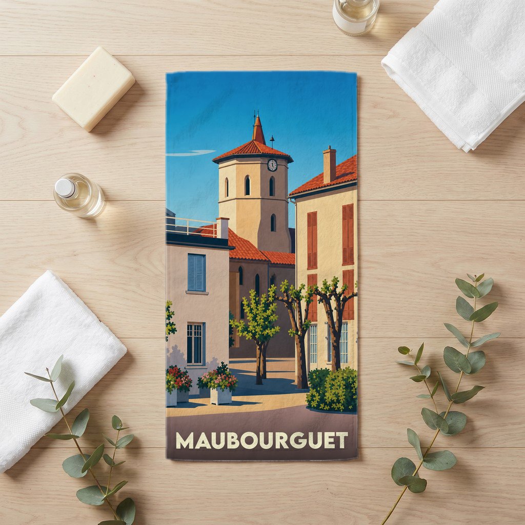 Serviette de bain souvenir de la ville de Maubourguet avec une illustration stylisée d'un clocher et de maisons.