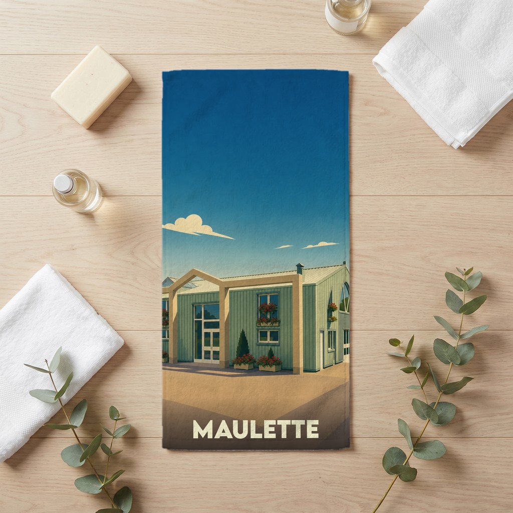 Serviette de bain souvenir de la ville de Maulette avec une illustration stylisée.