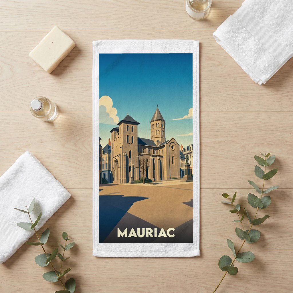Serviette de bain souvenir de la ville de Mauriac avec une illustration stylisée.