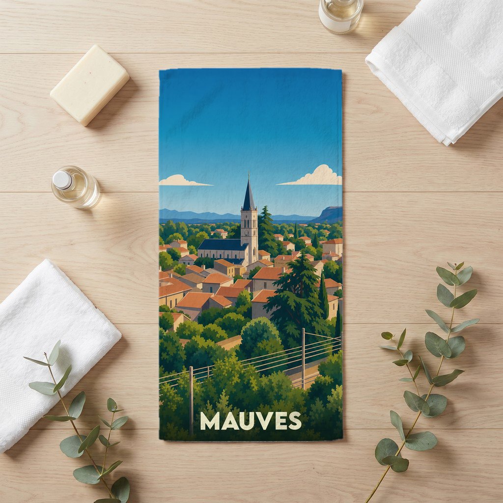 Serviette de bain souvenir de la ville de Mauves avec une illustration stylisée de son église et de ses toits.
