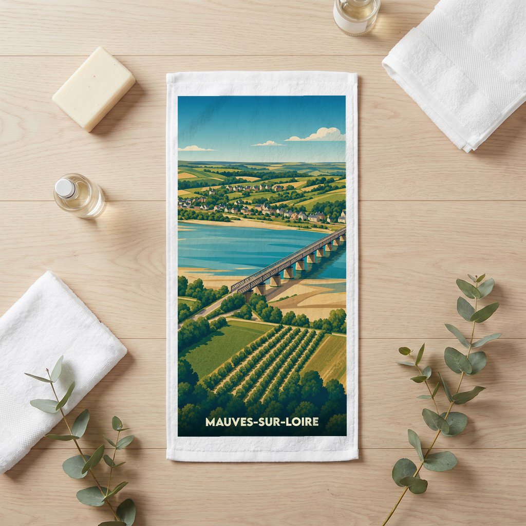 Serviette de bain souvenir de la ville de Mauves-sur-Loire avec une illustration stylisée.
