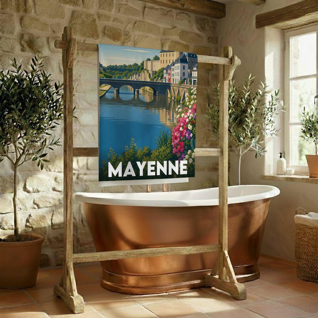 Serviette de bain souvenir de la ville de Mayenne avec une illustration stylisée.