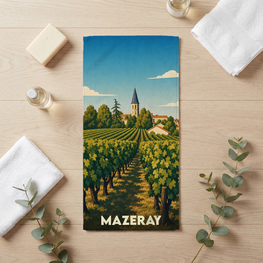 Serviette de bain souvenir de la ville de Mazeray avec une illustration stylisée d'un vignoble et d'un clocher.