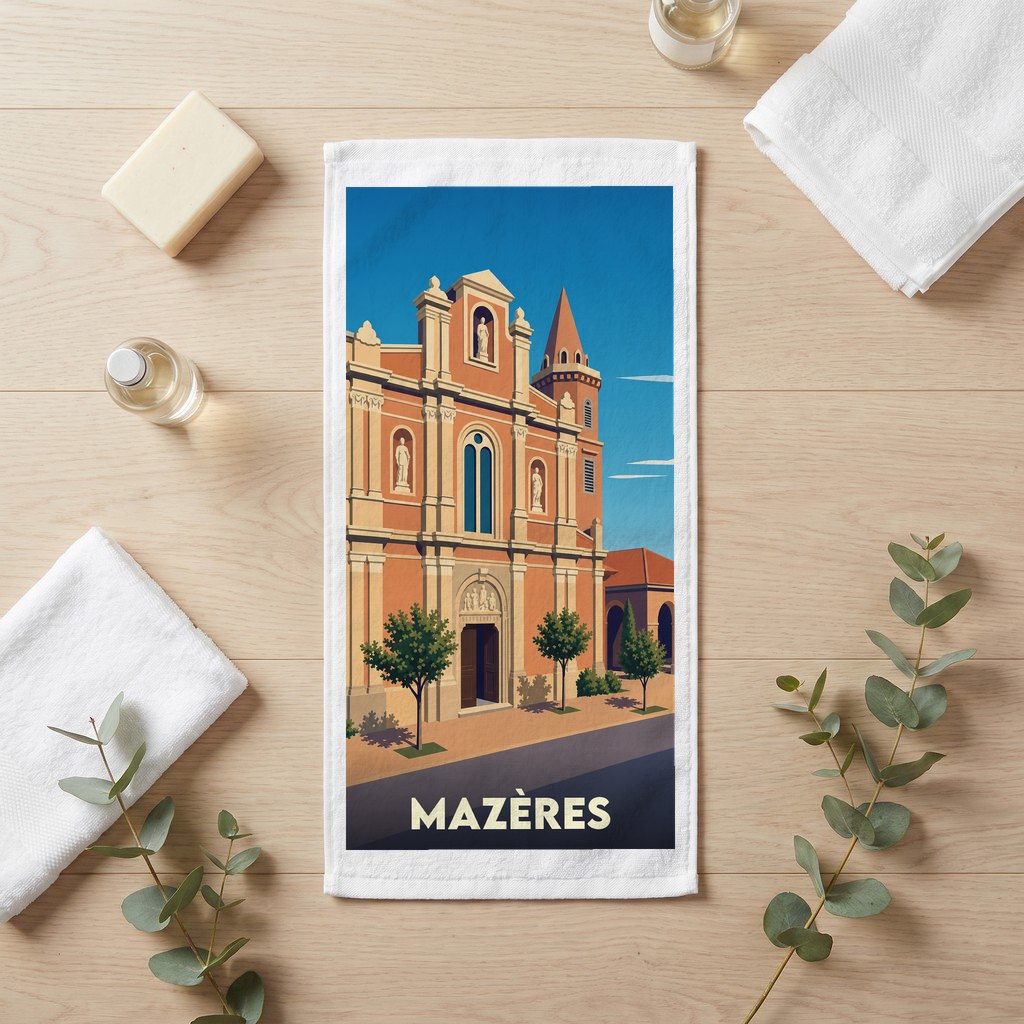 Serviette de bain souvenir de la ville de Mazères avec une illustration stylisée d'une église.
