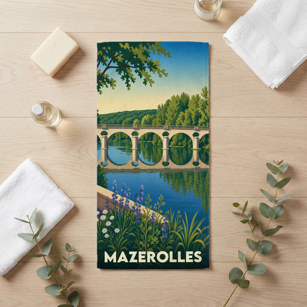 Serviette de bain souvenir de la ville de Mazerolles avec une illustration stylisée d'un pont en arc sur une rivière.