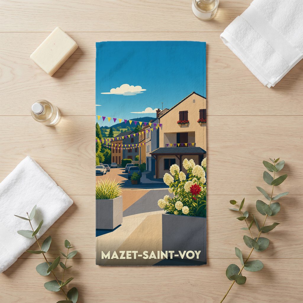 Serviette de bain souvenir de Mazet-Saint-Voy avec une illustration stylisée de la ville.