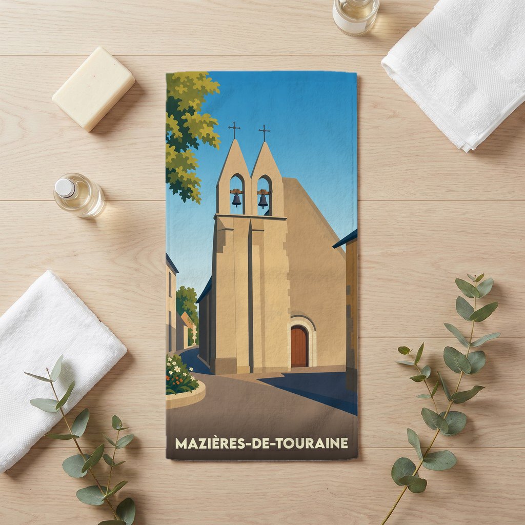 Serviette de bain souvenir de Mazières-de-Touraine illustrant son église avec un style graphique épuré.